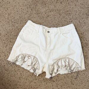 Savanna Jane White Denim Shorts with Silver Fringe Chain Trim